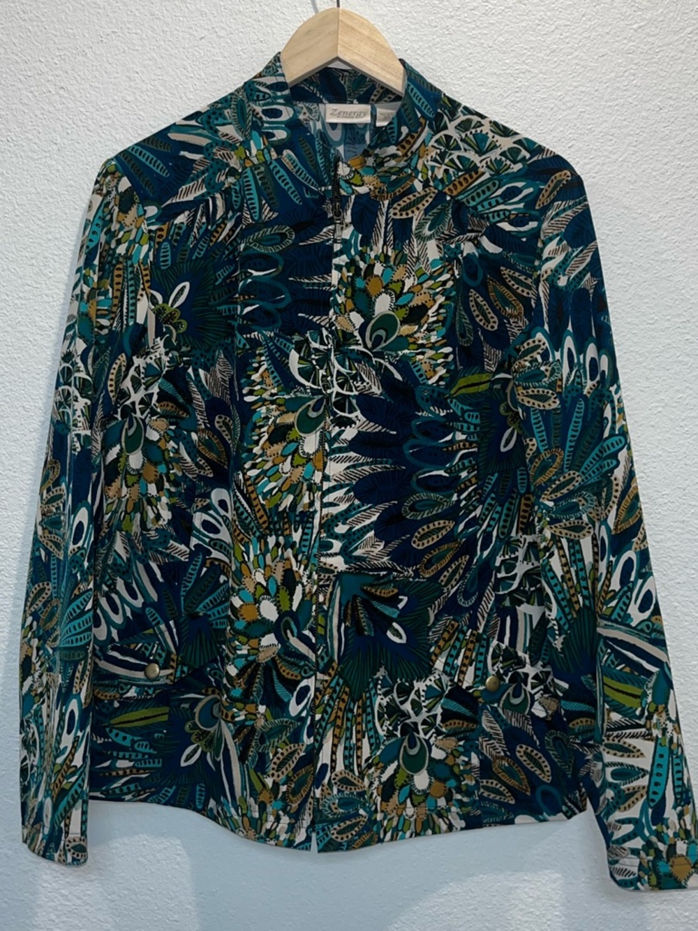 Chico's Teal Navy Green Patterned Long Sleeve Top